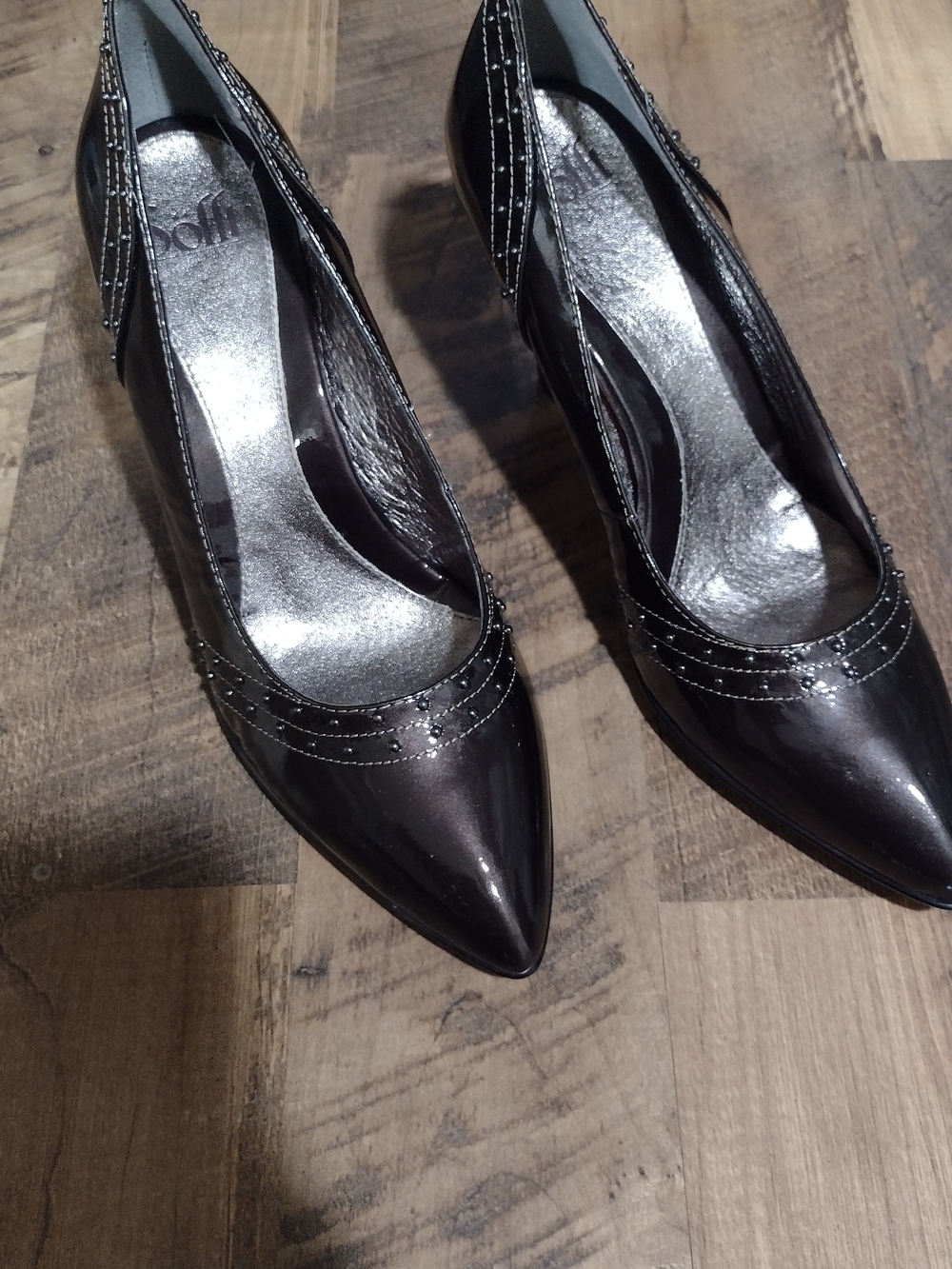 Dark Brown Patent Pointed-Toe Heels with Silver Insole Size 10 With 3 1/2" Heels